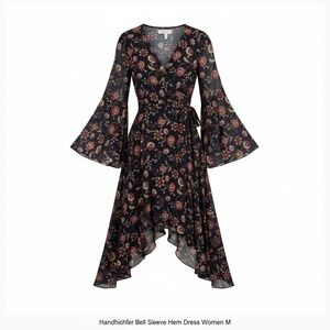 Lark + Grey Floral Black Surplice Handkerchief Bell Sleeve Hem Dress Women M